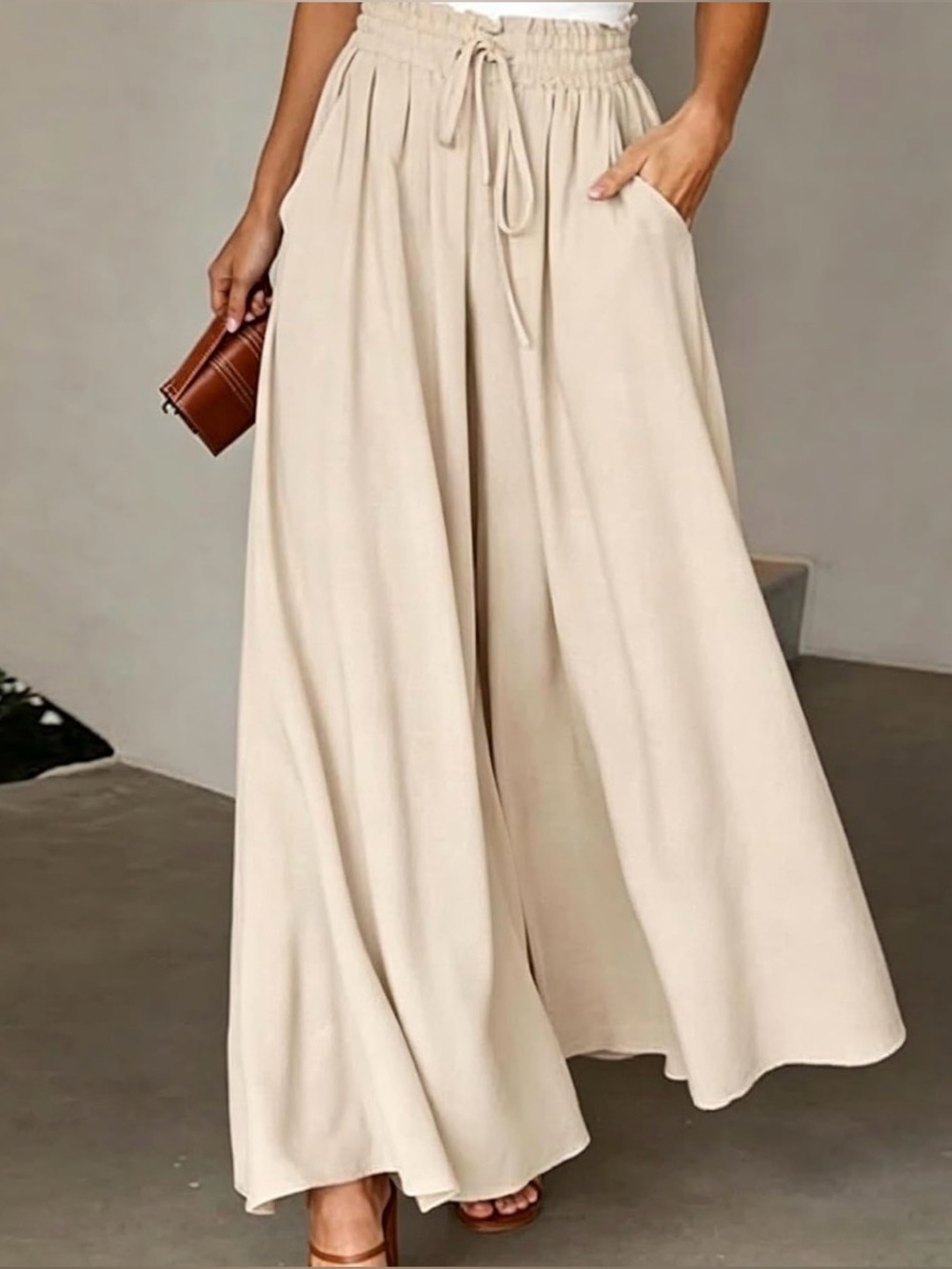 Wide-Leg Drawstring Palazzo Pants - Cream